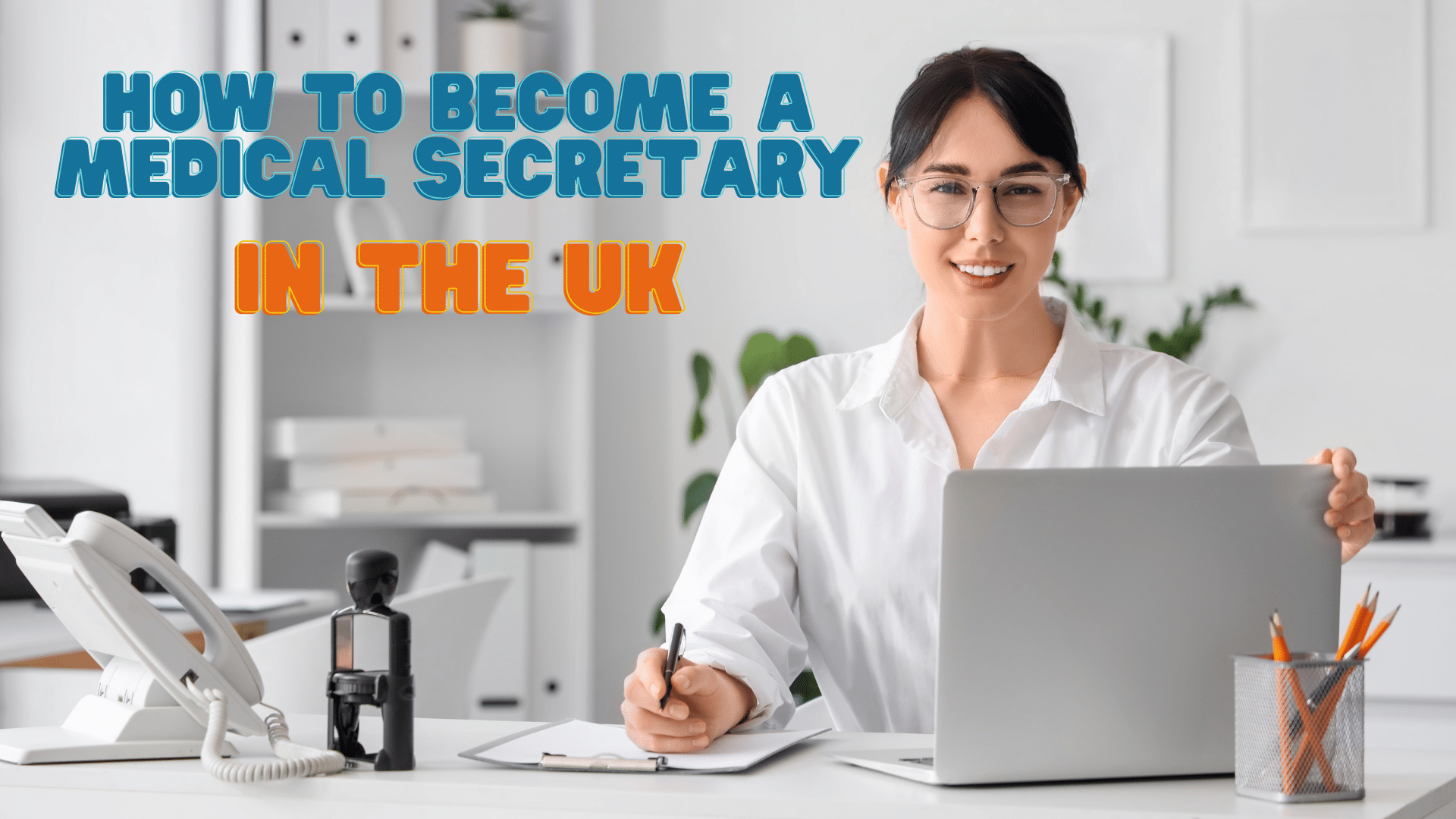 Medical secretary in a UK healthcare setting, answering the phone and working at a computer, with clinicians in the background.