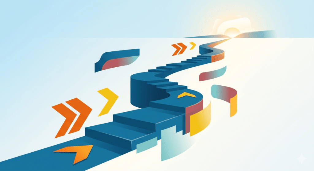 Stylized path winding upward toward a bright horizon in Lewis College brand colors, symbolizing career growth, personal development, and taking the first step into a new career.