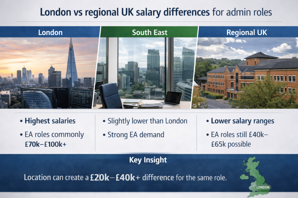 London vs regional UK salary differences for admin roles.