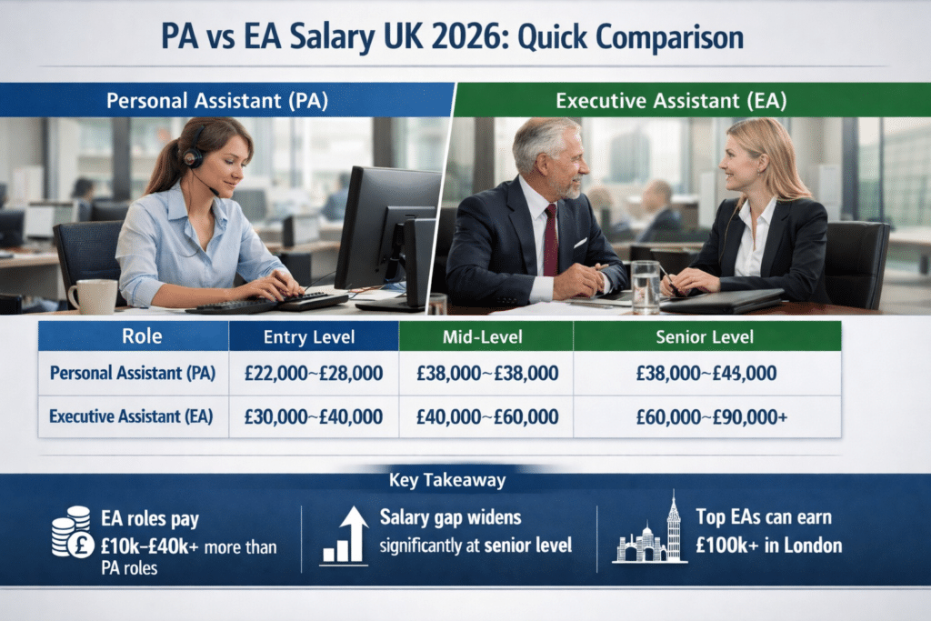 PA vs EA salary comparison UK 2026 chart showing earnings difference.