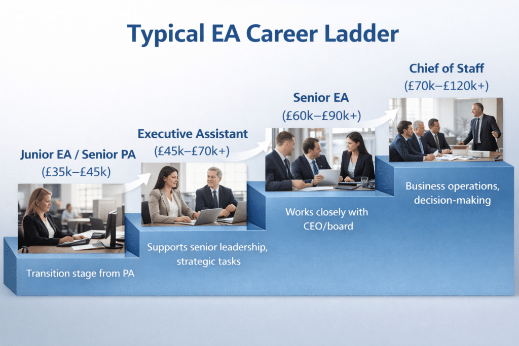 Executive assistant career progression into senior leadership support roles.