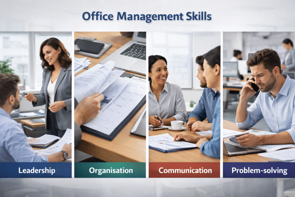 Office management skills including leadership organisation and communication.