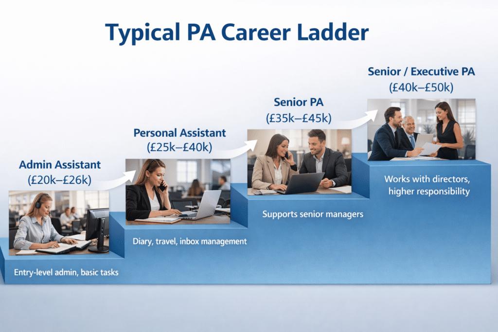 Personal assistant career progression starting with admin support tasks in UK office.